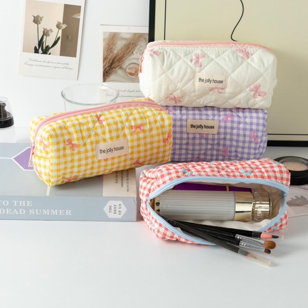Bowknot Student Pencil Case Large Capacity Portable Soft Cosmetic Storage Bag for School Supplies Makeup Accessories