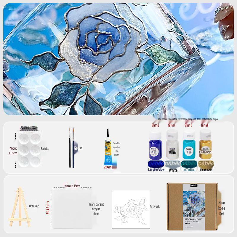 Rose Jasmine Moonlit Night Glass Paint Set with Osmanthus Scent and Gold Edge Hand-Painted Cup & Outlining Pen