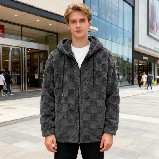 Pánská plyšová bunda s kapucí, chlupatá, na zip, ležérní mikina, jednobarevná, kostkovaná, teplý zimní kabát pro nošení na ulici, do školy, na párty