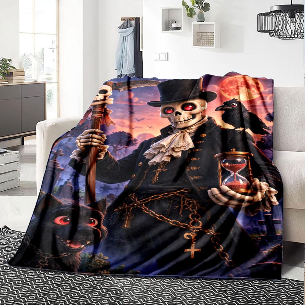 Grim Reaper Skeleton Top Hat Scythe Graveyard Red Moon Print Flannel Throw Blanket Soft Warm Blanket for Sofa Bed Home Decor