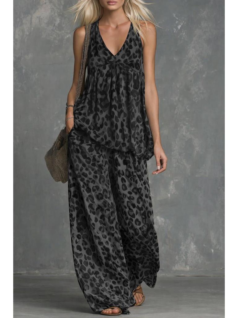 European Leopard Print Sleeveless Top & Chiffon Wide-Leg Pants Set for Women