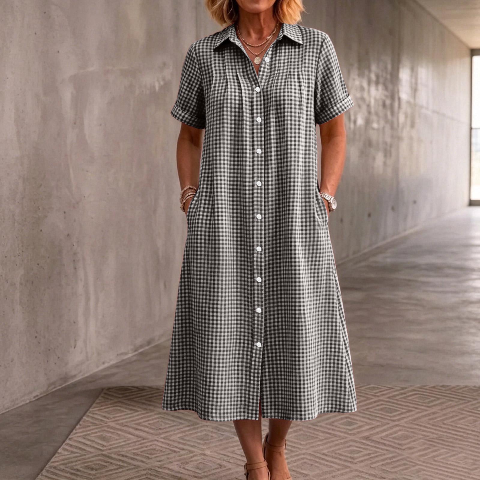 Women Plaid Short Sleeve Shirt Dress Button Down Collared Midi Dress with Pockets Casual Loose Fit Summer Dress L чёрный