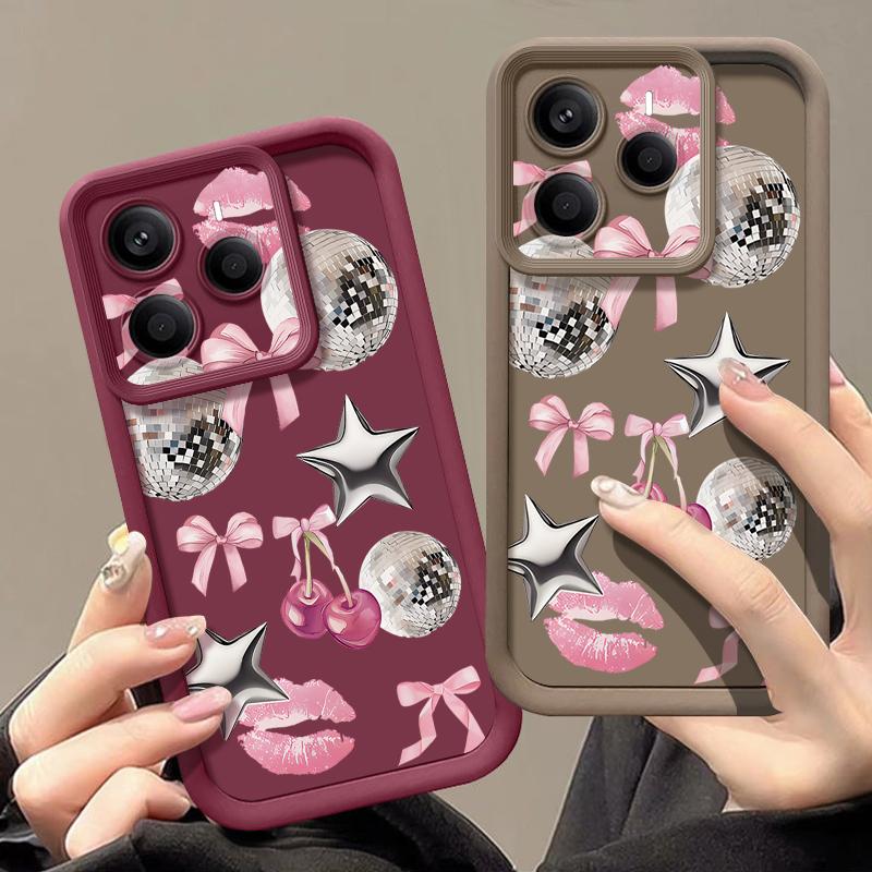 Cherry Bowknots Lips Disco Ball Pattern Case For Xiaomi Redmi Note 14 13 Pro 5G 4G 12 11 Funda Xiaomi 14T 13T 11T Pro Shockproof Bumper Silicone Cover