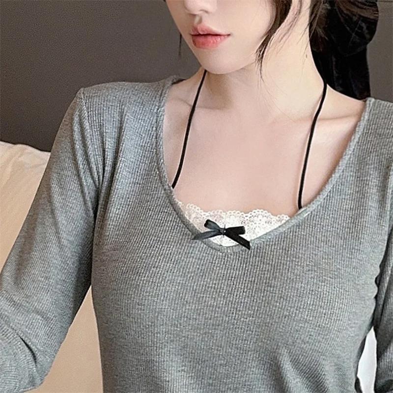 Mädchen Langarm Pyjama Spitze Sexy Zweiteiliges Set Modal Baumwolle Damen Hauskleidung Lounge Schlafbekleidung Pijama Nachtanzug