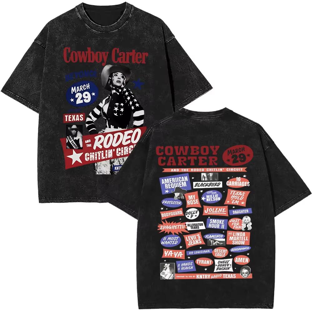 Singer Beyonce Pop Music Album Logo Washed Tshirt Cowboy Carter T Shirts Men Vintage Oversized Tee Shirt Casual Cotton Tshirts