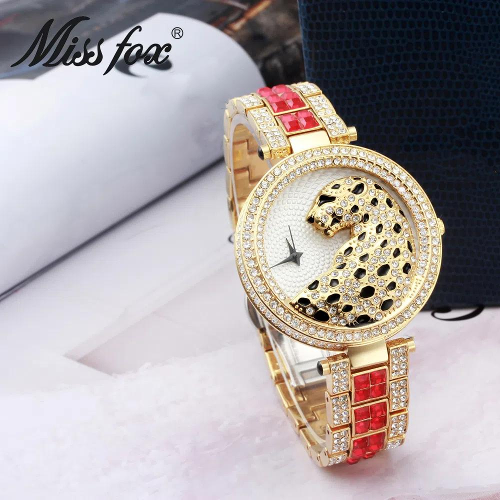 MISSFOX Women Quartz Watch Fashion Bling Casual Ladies Watch Female Quartz Gold Watch Crystal Diamond Leopard For Women Clock