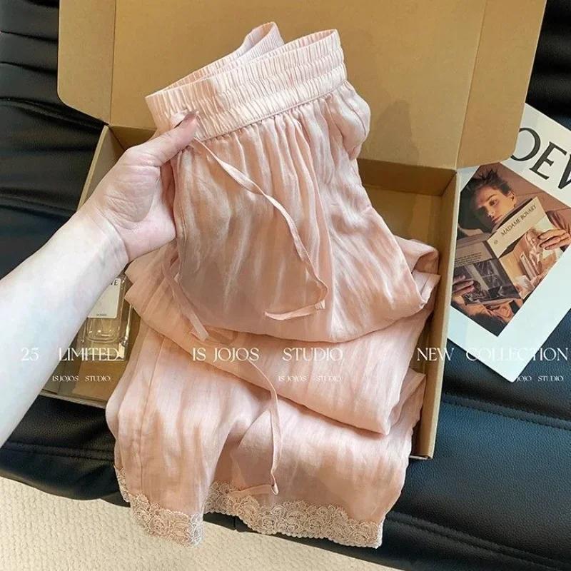 

Осенние Тонкие Ленивые Драпирующиеся Стройнящие Расслабленные Повседневные Брюки с Широкими Штанинами Розовые Вышивка в Новом Китайском Стиле Вставки из Рами Женские S розовый