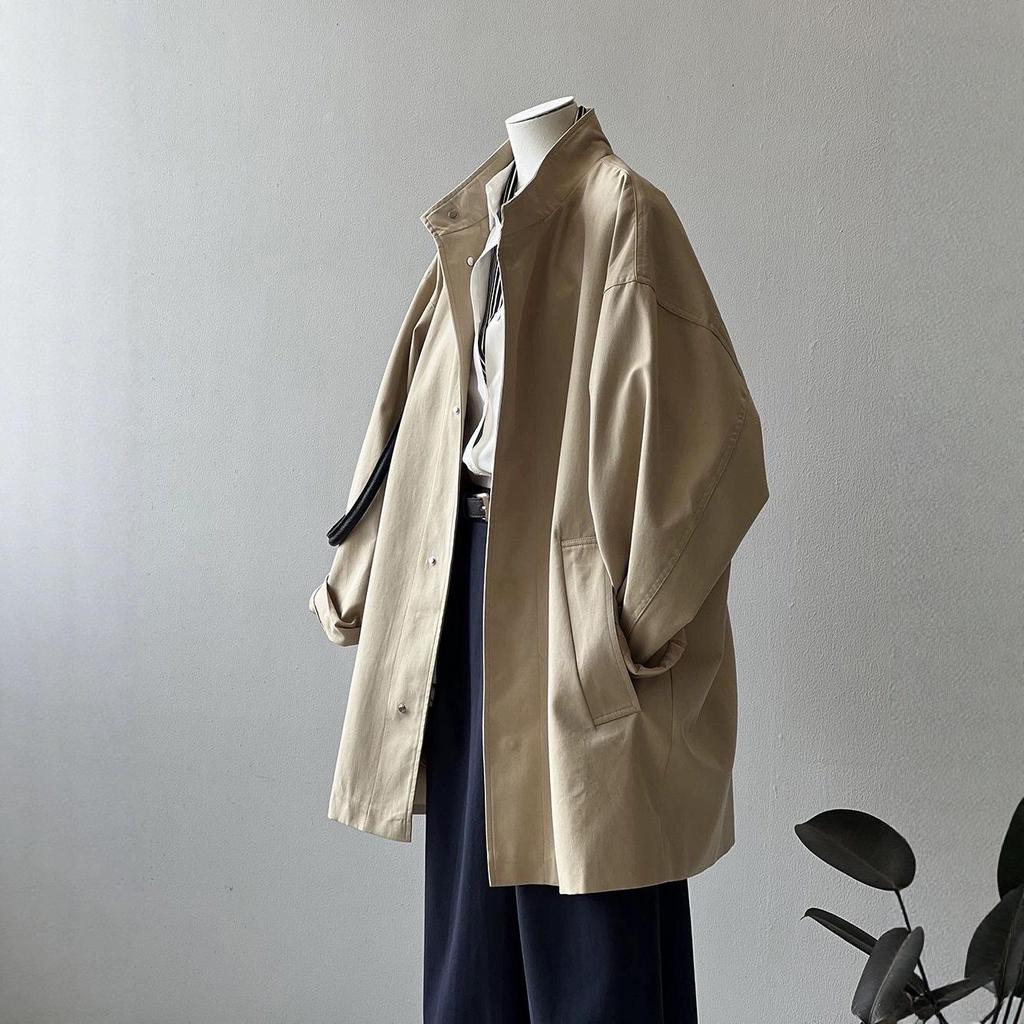 Damen Trenchcoat im koreanischen Stil, mittellang, Stehkragen - Japanische Arbeitskleidung, lockere Passform, dünne Textur für Frühling und Herbst