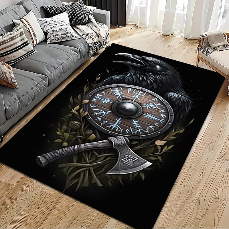 Spiritual Area Rug, Viking Raven Shield Axe Rune Wood Nature Poster, Living Room Decor, Non-Slip Mat