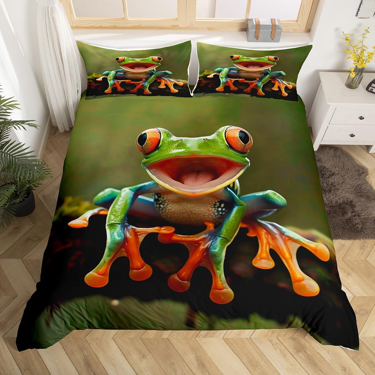 

Frog Soft Duvet Cover Tropical Amphibian Beding Set Wild Animal Warm Comforter Cover for Young Boys Young Girls Tropical Nature Theme Bedspread Cover 135*200cm Eu-Single