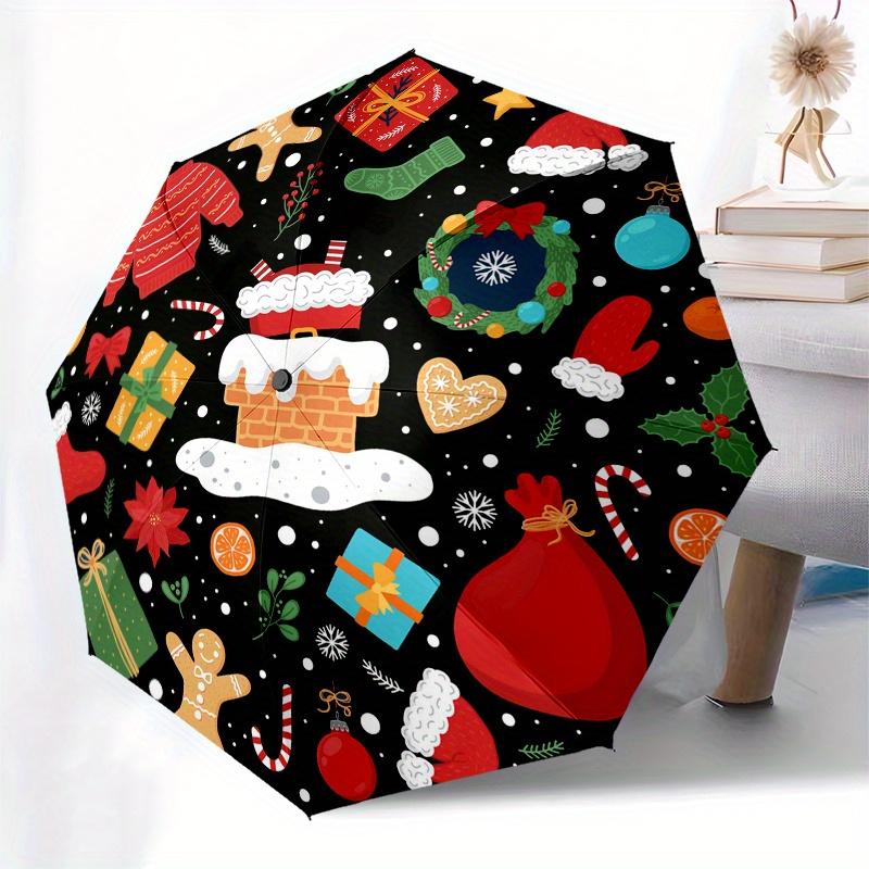 Automatic Open/Close Umbrella - Christmas Holiday Roundel with Presents, Gingerbread Men, Santa Claus - Compact 3-Fold Portabl