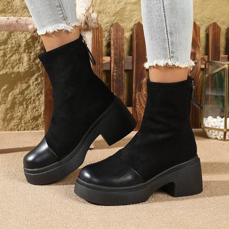 New Women'S Platform Boots For Petite- Chunky Heel Ankle Boots With Rear Zipper , Retro Style Fall/Winter Booties