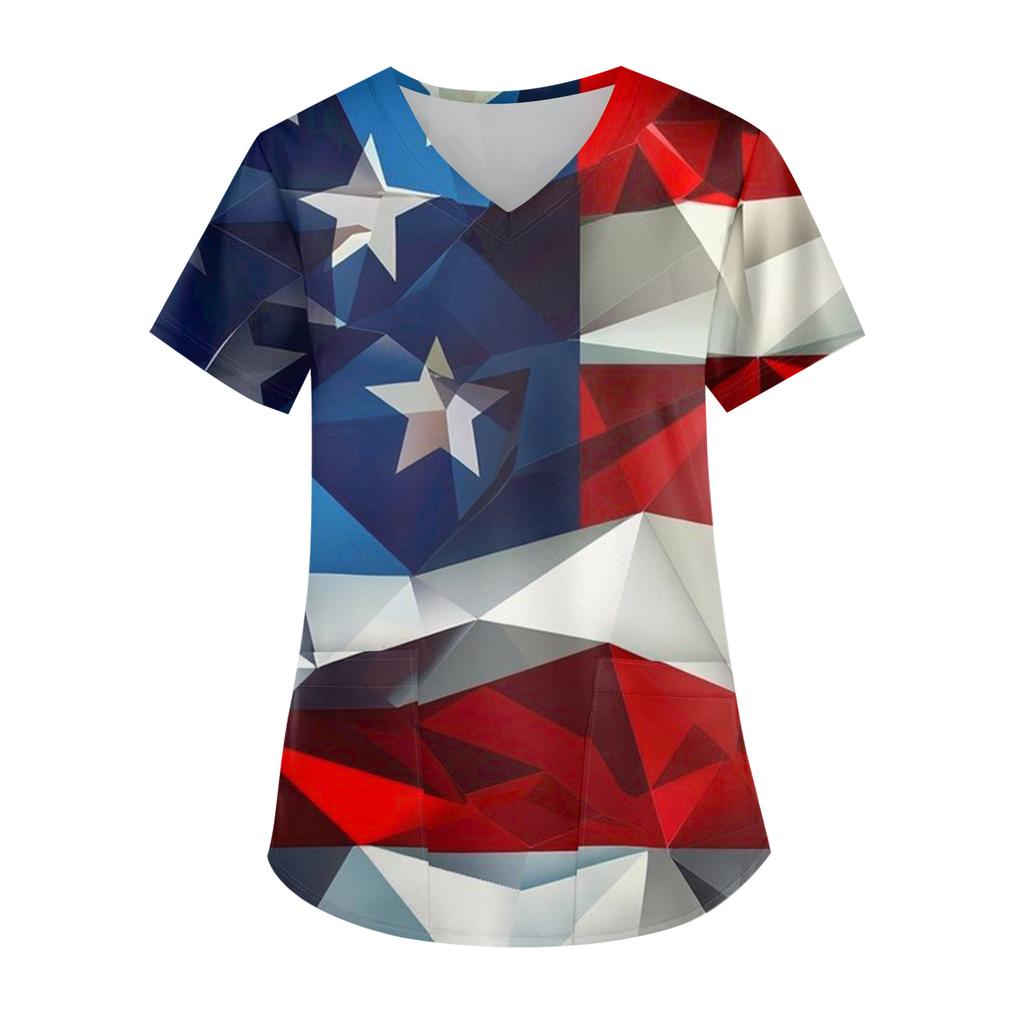 Ladies' Independence Day printed fashionable V-neck pocket short sleeved uniform and caregiver top