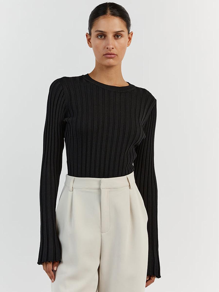 Женский облегающий свитер рубчиком однотонного цвета 2024 года - С длинным рукавом и круглым вырезом в европейском и американском стиле для осенизимы XXXL чёрный 2269₽