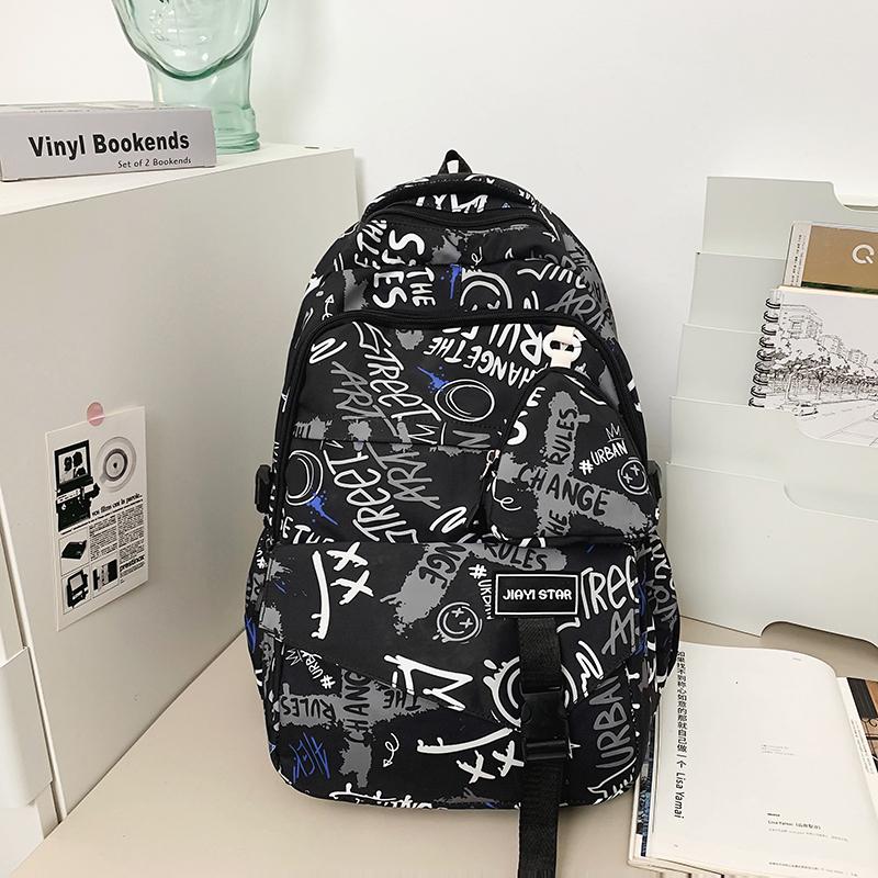 Graffiti-Print Herren Rucksack mit großem Fassungsvermögen Damen Leichter Schulrucksack aus Nylon für Studenten mit Münzbörse