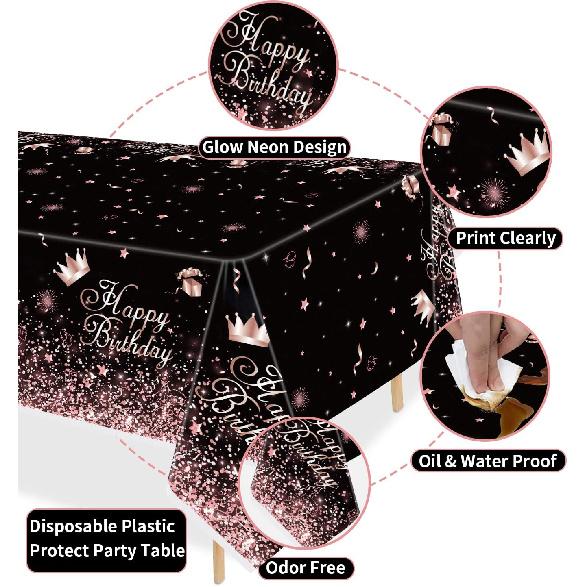 Black Rose Gold Plastic Tablecloth (Pack of 4), 86 x 51 inches Party Tablecovers for Black Rose Gold Theme Birthday Party Supplies