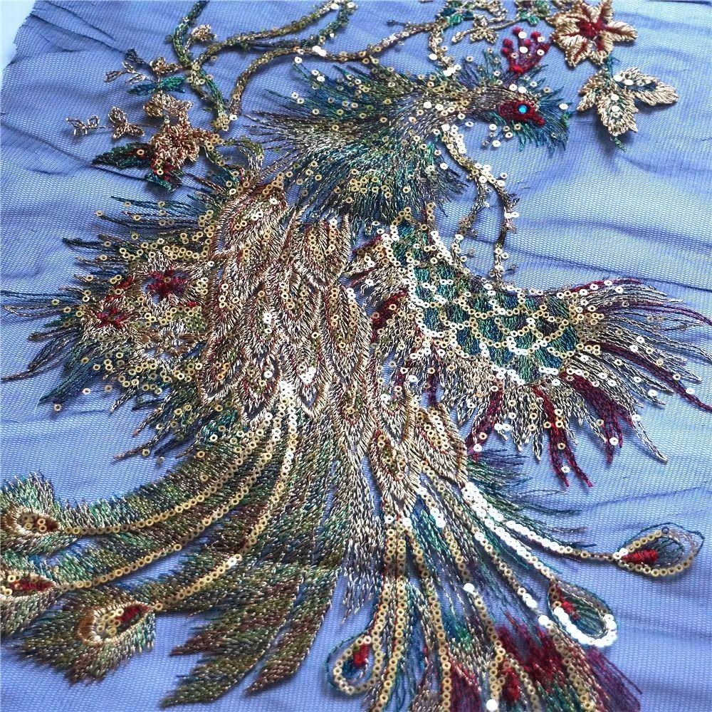 Peacock Phoenix Peacock Phoenix Appliques Black Mesh Lace Fabric Gown Appliques Gown Decoration