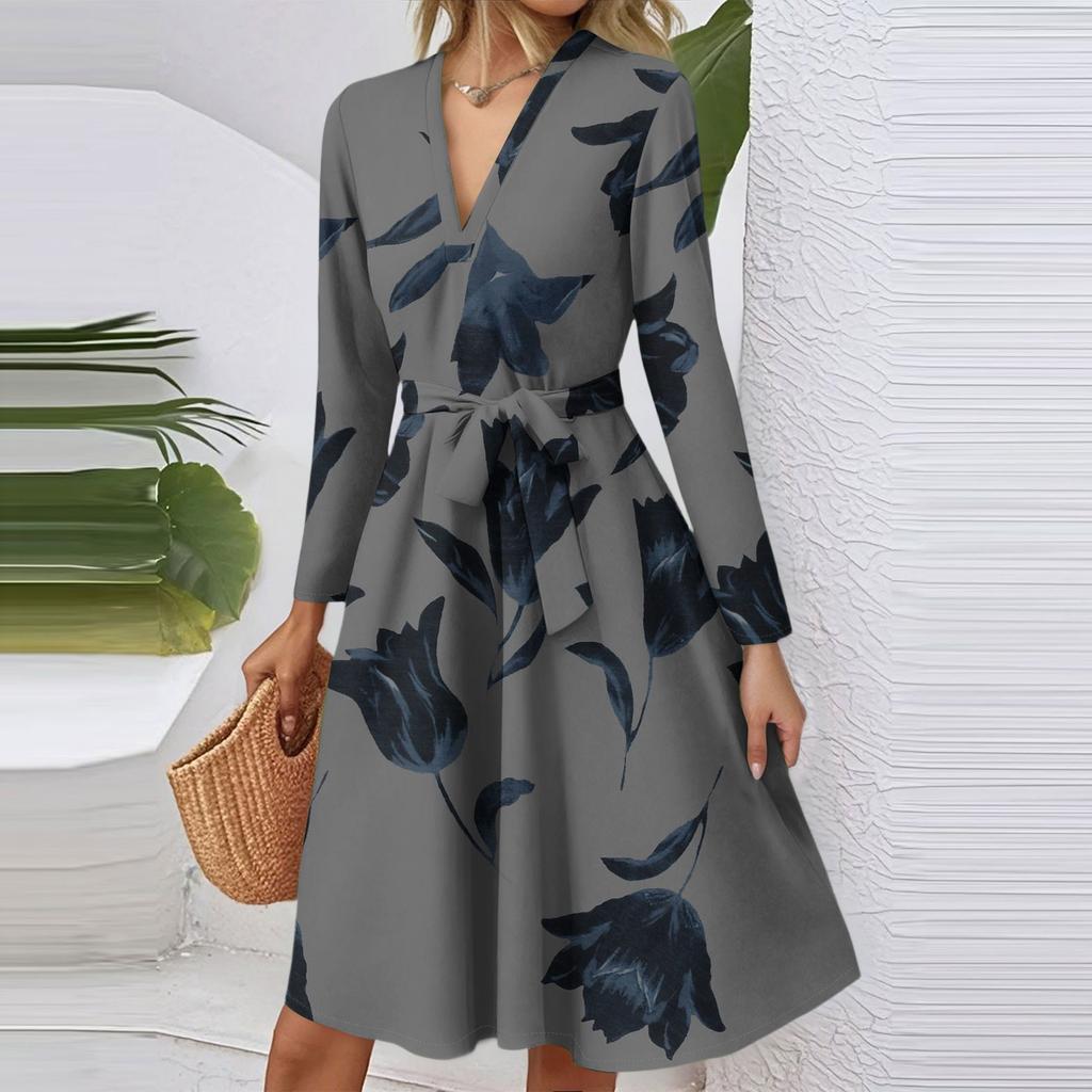 Women's Fashion Casual V-Neck Long Sleeve Waist Floral Print Midi Dress
