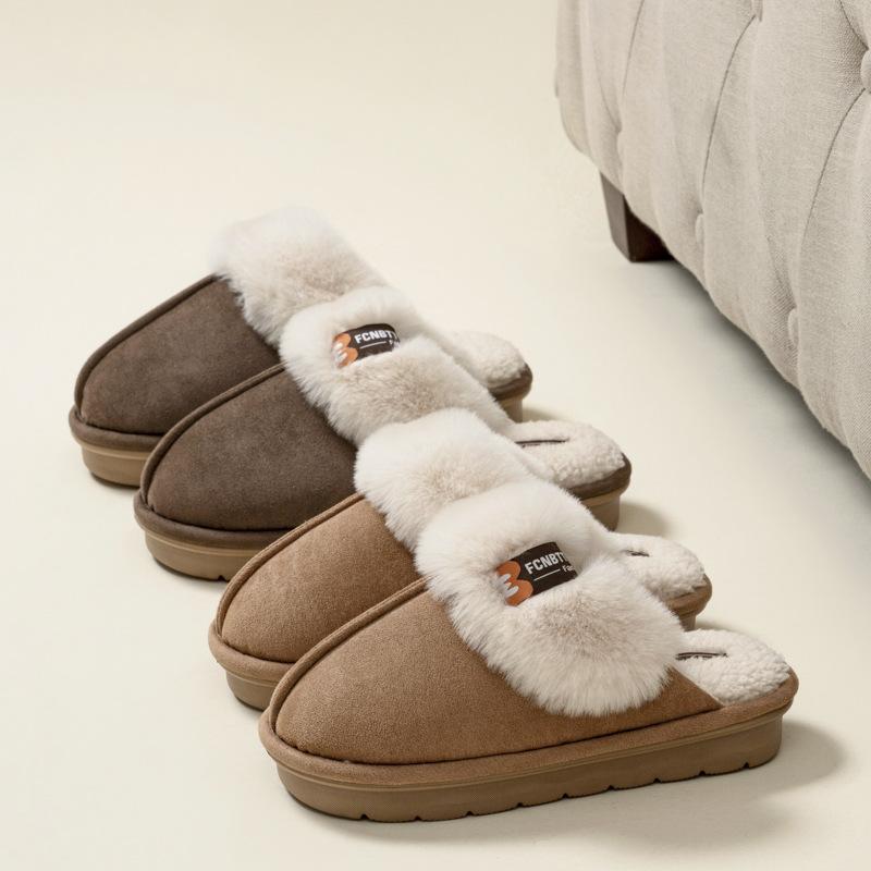 Suede cotton slippers autumn and winter 2025 new warm plush indoor home thick bottom outer wear fluff mop