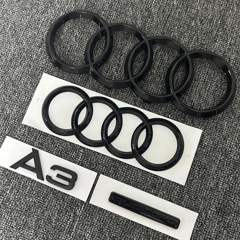 For Audi A3 Front and Rear Ring Logo Bright Black Quattro Tail Logo Set 2010-2020 Modified Badge Car Sticker