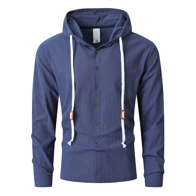 Men's Hooded Linen Blend Shirt, Loose Fit Button-Up Shirt, Long Sleeve Wrinkle-Free Moisture Wicking Casual Top