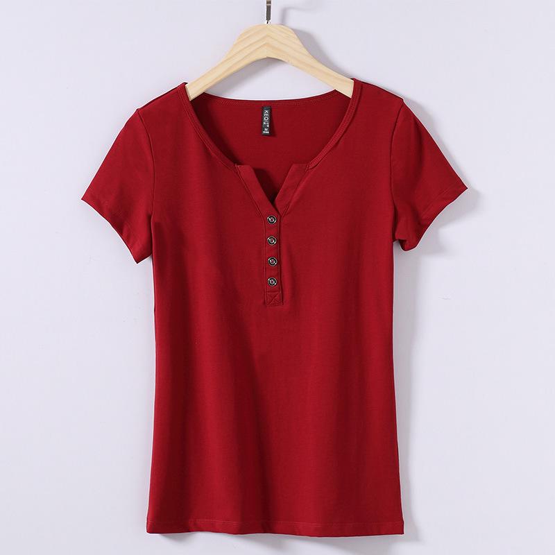 

Женская приталенная футболка с V-образным вырезом в корейском стиле на пуговицах - Модная весенне-летняя блузка XXL вино красного