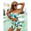 New Sexy Women  Plant Print Split Swimsuit Pattern Beach Bikini Set