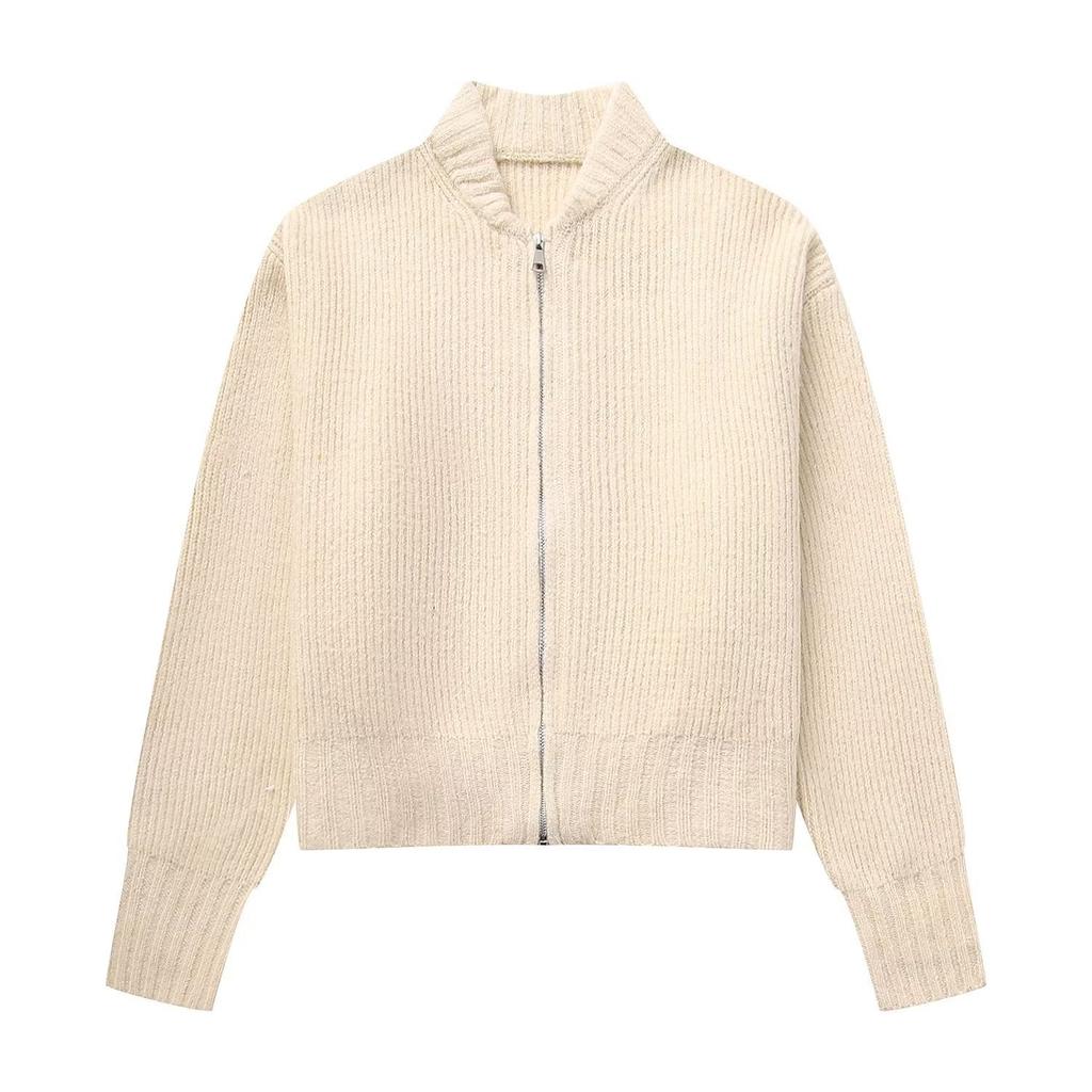 In-stock Gray Zip-up Sweater for Women, 2024 Autumn/winter Casual Elegant Commuter Long-sleeve Knit Cardigan