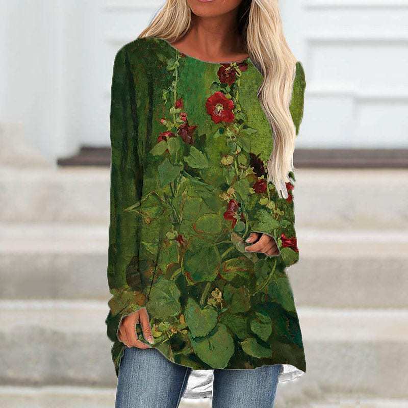 Spring and Autumn Round Neck Flower Pattern 3D Printed Top Fashionable Casual Vintage Long Sleeved Women's T-shirts