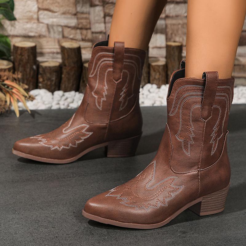 Fashion Retro Embroidery Design Women's Boots Waterproof Pu Leather Chunky Heel Western Boots Big Size 43 Pointed Toe Ankle Boots