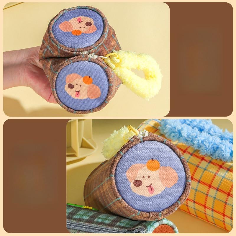 Cute Plush Portable Striped Cylinder Party Pencil Bag Plaid High-value Dirt-resistant Stationery Bag