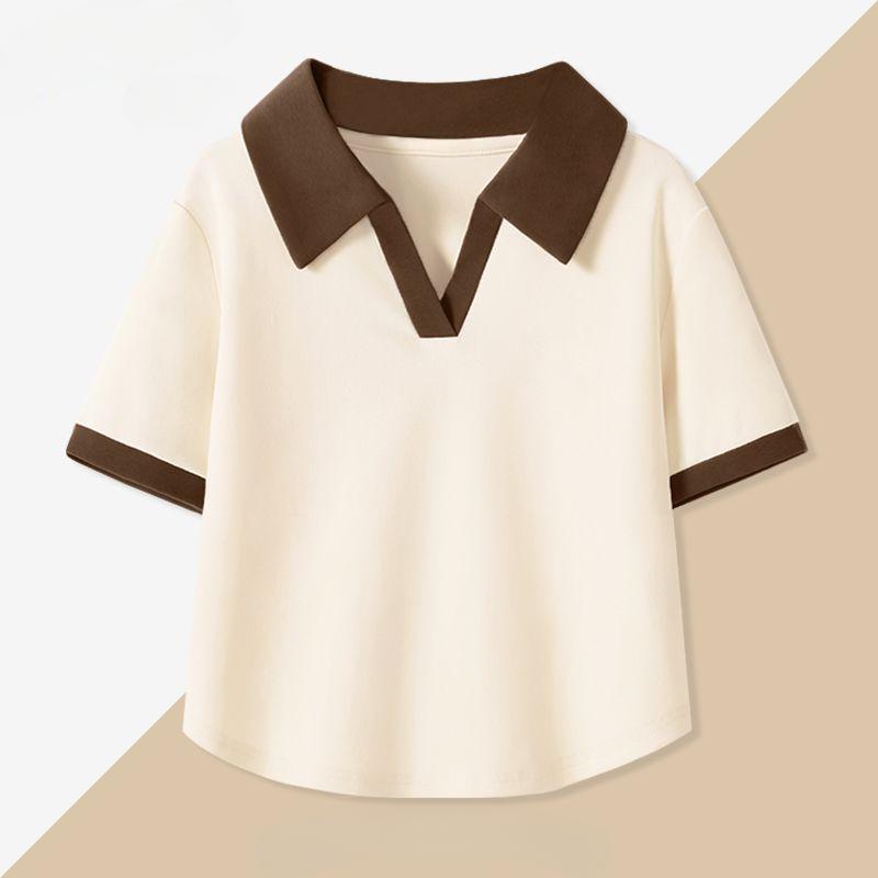 

Летняя женская рубашка поло с коротким рукавом, облегающая, повседневная, с цветными блоками, в корейском стиле XL бежевый