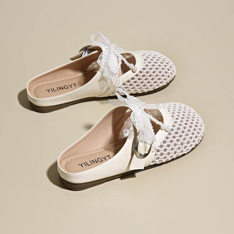 

New Summer Breathable Mesh Women Slippers Slip On Buckle Shoes Round Toe Flip Flops Beach Flat Heel Silver Slides Mules 35
