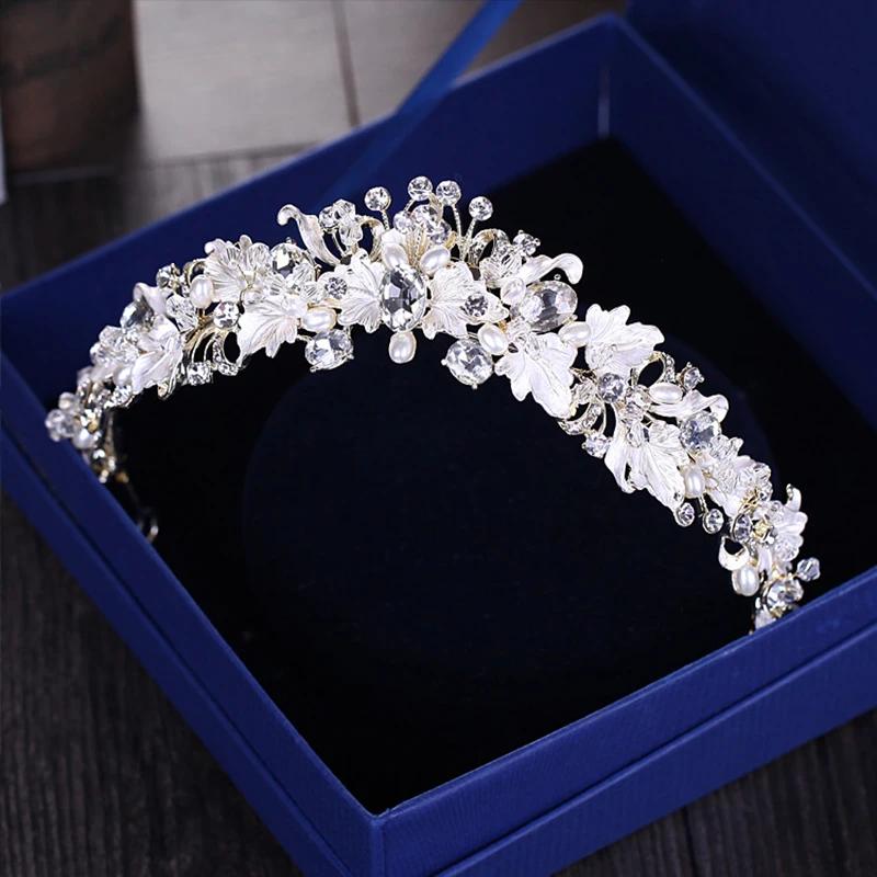Trendy Rhinestone Pearl Crystal Crown Headband Flower Bride Hair Accessories Gold Crown Bride Wedding Crown Hair Accessories