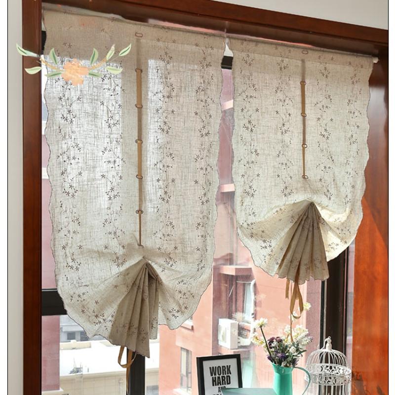 Retro Cotton Linen Lace Embroidered Balloon Pull Up Curtain for Living Room Kitchen Threading Rod Short Window