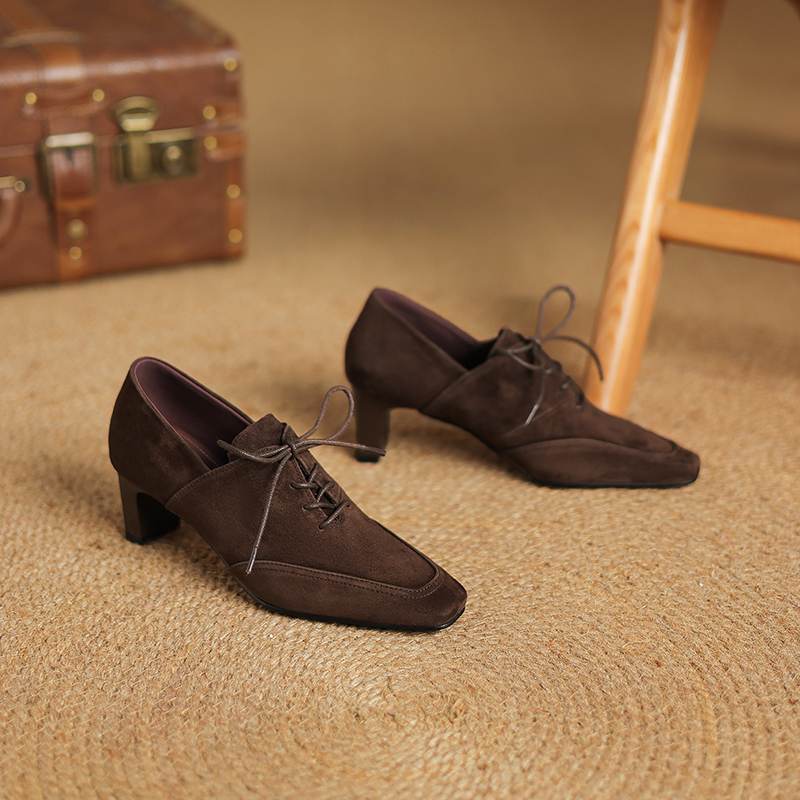 Krazing Pot Sheep Suede Autumn Winter Shoes Stiletto Med Heels Lace Up Size 43 Size 42 Pointed Toe Deep Mouth Pumps