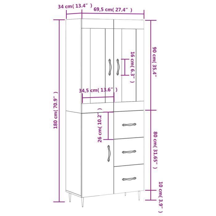 VidaXL Highboard White 69.5x34x180 Cm Engineered Wood 3198449