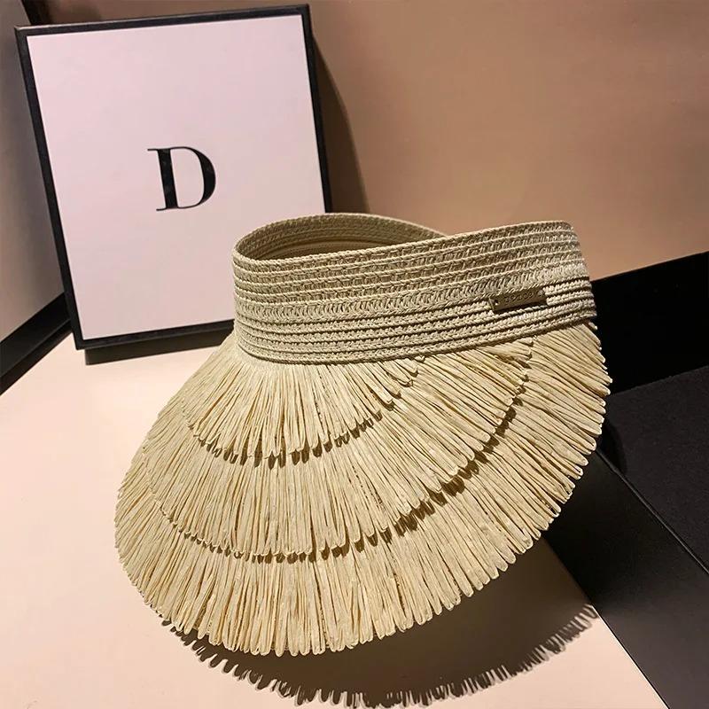 Designer Fashion Brand Sun Fringe Straw Hat Women'S Summer Empty Top Sun Hat Outdoor Parma Uv Protection Beach Sun Hat