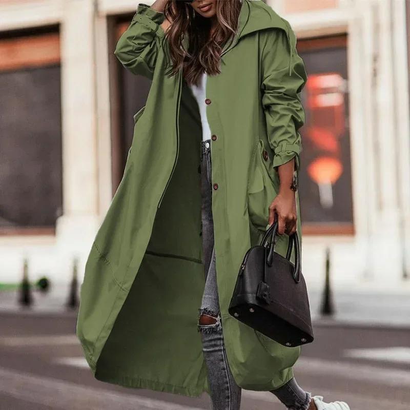 Single-Breasted Trench Coat Women Streetwear Overcoats Jackets Outwear Pocket Hooded Autumn Long Coats Trench