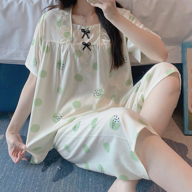Summer New Printed Cotton Pajamas for Women, Sweet and Cute Short-sleeve Casual Girls' Loungewear, Suitable for Outerwear In Spring and Autumn