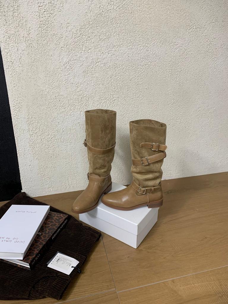 Vintage Round Head Boots Autumn and Winter European and American Cross Belt Buckle Splicing Martin Boots Long Boots Black Brown