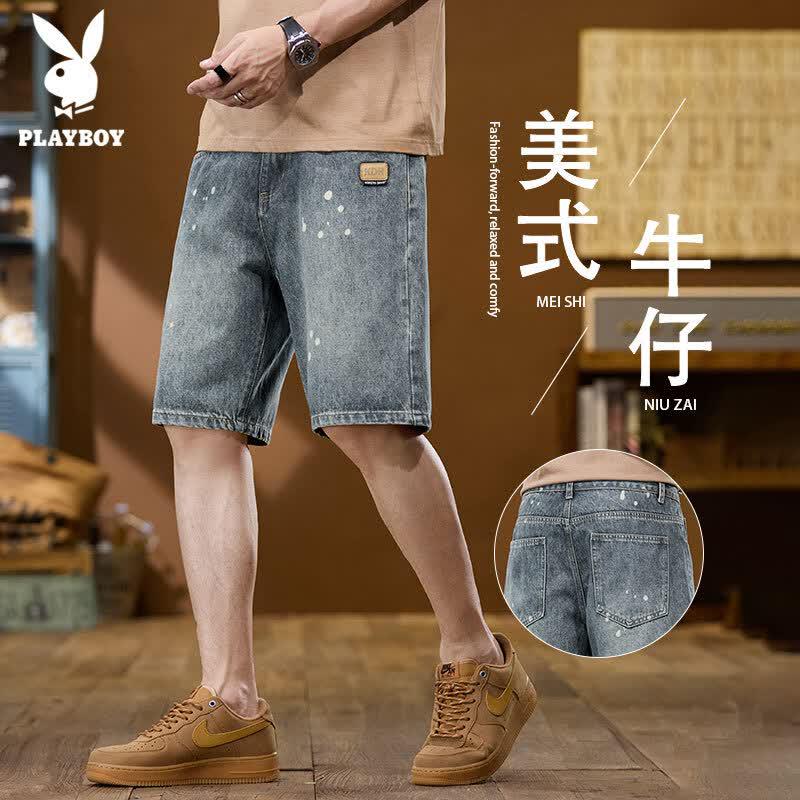 PLAYBOY Men s Splatter Ink Washed Denim Shorts 32