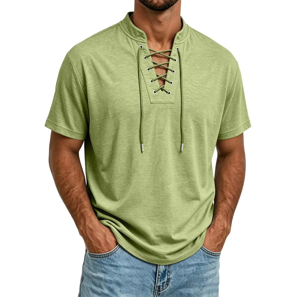 T-shirt décontracté à manches courtes pour homme Tissu léger et respirant Col à cordon de serrage Haut d'été