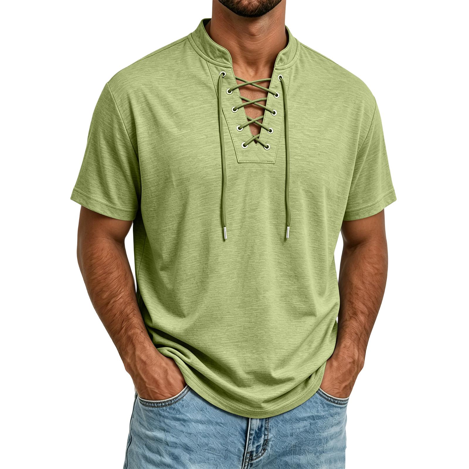 Xingben Six Casual T-shirt voor heren, korte mouwen, lichtgewicht, ademende stof, nek met trekkoord, zomer top L