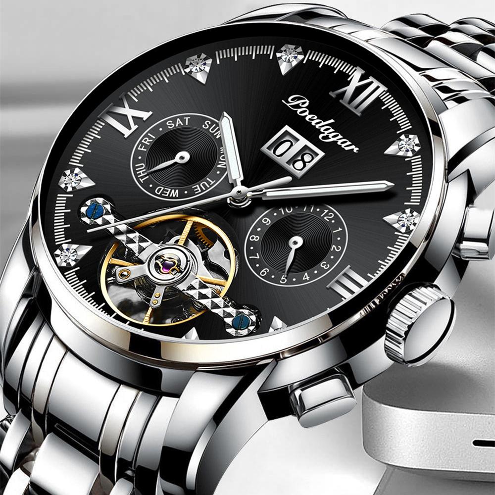 POEDAGAR Ceasuri de lux pentru bărbați, marca de top, cu cutie, calendar, ceasuri mecanice pentru bărbați, multifuncționale, impermeabile, cu goluri luminoase