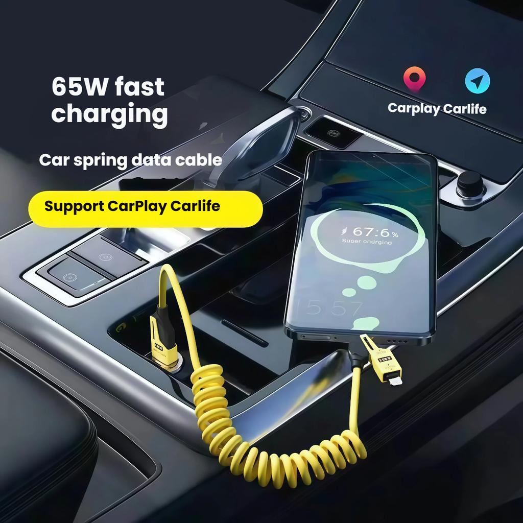 Retractable 4-in-1 Fast Charging Cable 65W USB-C PD 1 2m Spring Charger for iPhone iPad Android Laptops