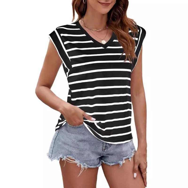 Women's Summer V-neck Striped Short-sleeved Loose T-shirt Top