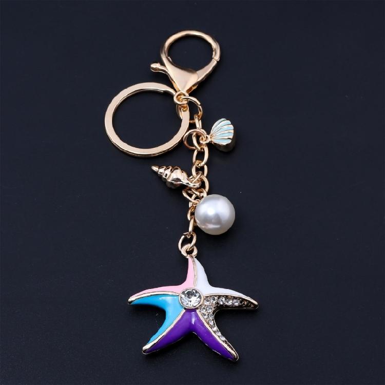 Sparkling Starfish Key Ring Zinc Metal Craftsmanship with Seashells Charm Keychain Pendant Beach Vacation Accessory