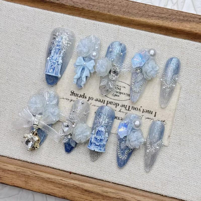 Handmade French Style Press-On Nails 2026 Mid-Length Blue Castle Design Women Girls Large