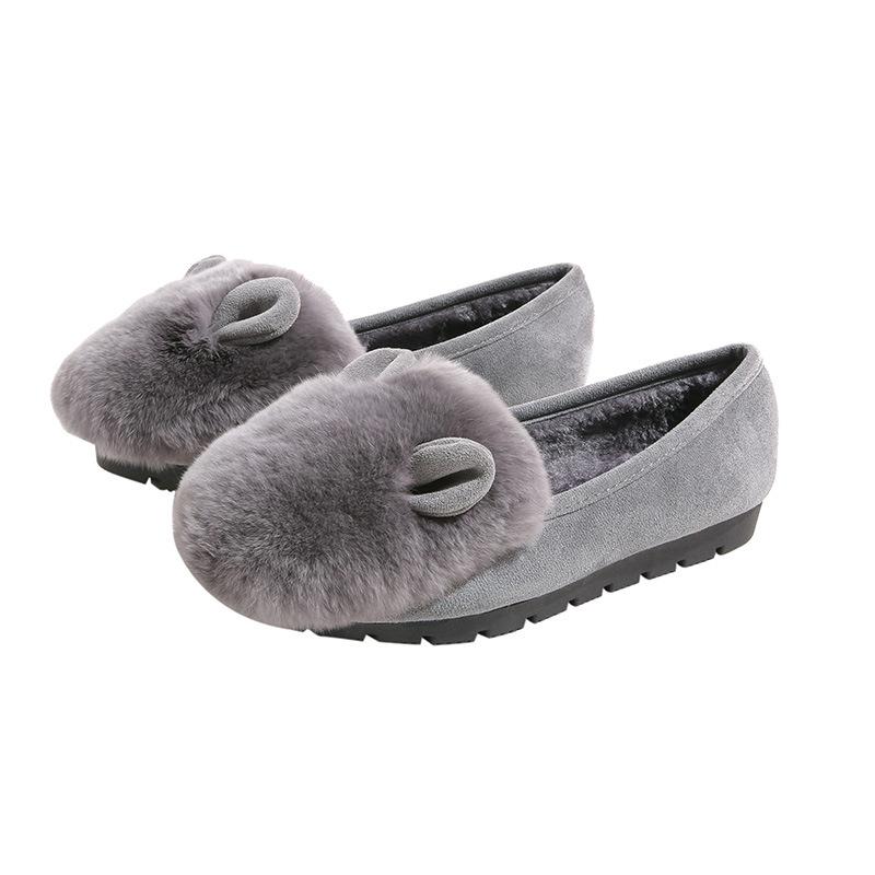 Fashion Cute Rabbit Ear Furry Flats Woman Big Size 34-43 Smooth Fur Loafers Winter Warm Barefoot Cotton Shoes Ladies Shearling Mocasines
